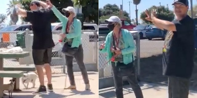 Images from cellphone video show the husband of Ash O'Brien being attacked with pepper spray by a woman at a dog park in San Diego. O'Brien said the woman was angry she and her husband were not wearing coronvirus masks