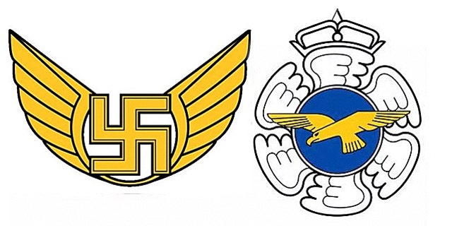 The old logo for Finland Air Force Command on the left, and the new logo on the right. (Finland Ministry of Defense)