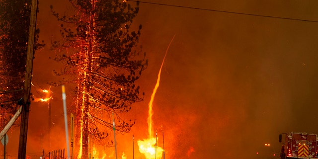 A fire whirl shoots into the sky as flames from the Hog fire jump highway 36 about 5 miles from Susanville, California on July 20.