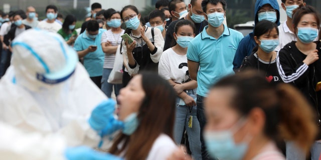 In this Friday, May 15, 2020 file photo, people line up for coronavirus testing at a large factory in Wuhan in central China's Hubei province. In June 2020, China reported using batch testing as part of a recent campaign to test all 11 million residents of Wuhan, the city where the virus first emerged late in late 2019.