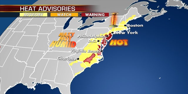 Heat advisories and excessive heat warnings stretch from North Carolina to New England on Monday, July 20, 2020.
