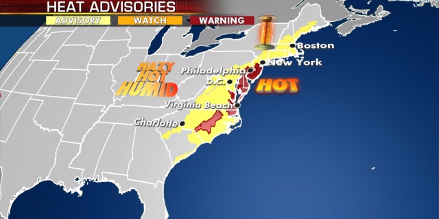 Heat advisories and excessive heat warnings stretch from North Carolina to New England on Monday, July 20, 2020.