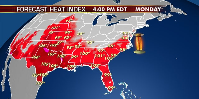 Forecast heat indices for Monday afternoon.