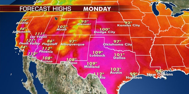 More intense heat can be expected on Monday across the Southwest to the Gulf Coast.