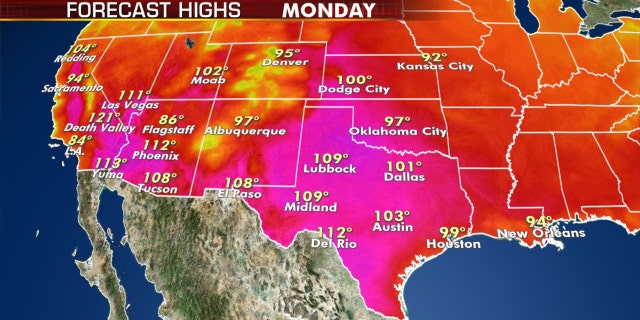 More intense heat can be expected on Monday across the Southwest to the Gulf Coast.