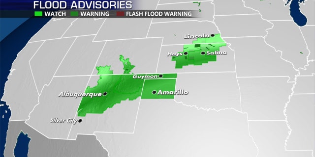 Flood advisories and warnings stretch from the Southwest to the Central Plains.
