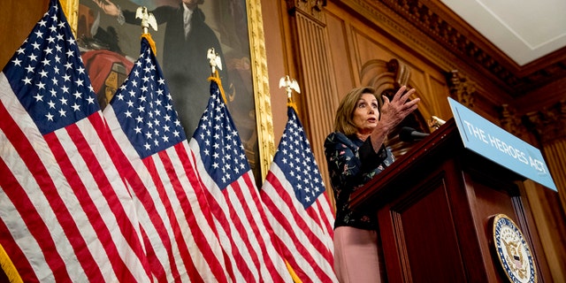 House Speaker Nancy Pelosi of Calif. speaks at a news conference on Capitol Hill in Washington, Wednesday, July 15, 2020, to mark two months since House passage of 