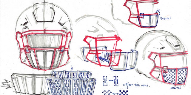 This image provided by Oakley shows sketches of the new face shield designed by Oakley. With NFL training camps set to start at the end of the month, the league believes it is closer to one answer when it comes to player safety in the midst of the coronavirus pandemic. Face shields for the players' helmets. (Oakley via AP)