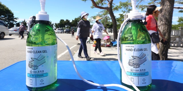 Hand clean gels are displayed at the Imjingak Pavilion in Paju, near the border with North Korea, Sunday, July 26, 2020.