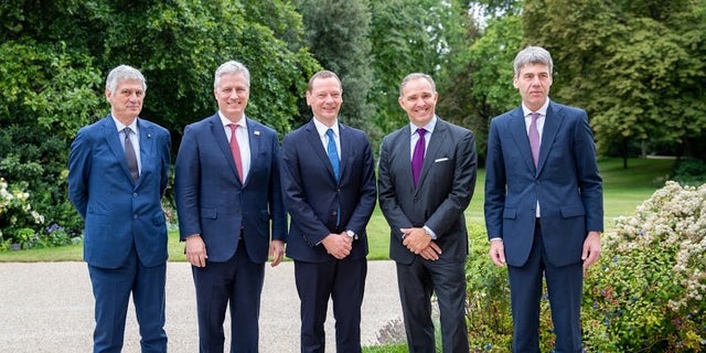 U.S. National Security Adviser Robert C. O’Brien (second from left) greets his counterparts from (left to right) Italy, France, the United Kingdom and Germany at the American ambassador’s residence in Paris, July 14, 2020. (Photo courtesy of National Security Council.)