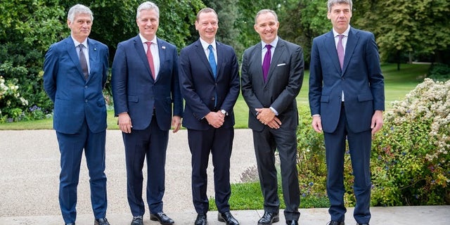 U.S. National Security Adviser Robert C. O’Brien (second from left) greets his counterparts from (left to right) Italy, France, the United Kingdom and Germany at the American ambassador’s residence in Paris, July 14, 2020. (Photo courtesy of National Security Council.)