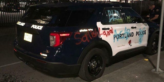 Protesters vandalized a police vehicle and set a fire inside a building overnight, police said Sunday.