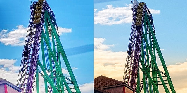 Photographer Julie Sadler shared pictures of the stuck roller coaster on Facebook, writing, “Some dramatic scenes today at Fantasy Island as the Millennium Roller Coaster got stuck.