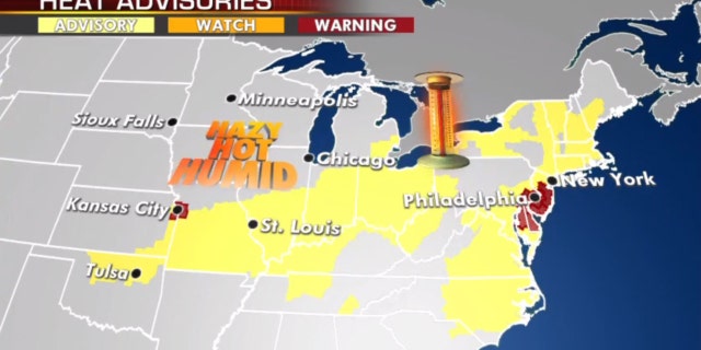 Heat advisories stretch from Oklahoma across the Midwest to parts of the Northeast.