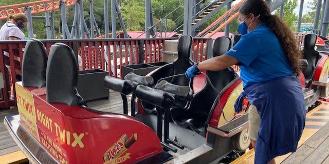 Each ride is sanitized in between ride cycles. Guests are allowed to ride with the people they came to the park with, but will be socially distanced from other guests.