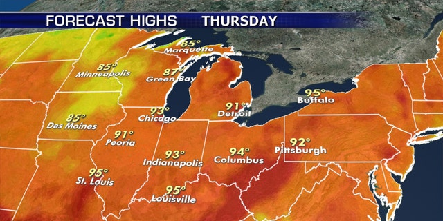 Hot conditions continue across the Midwest into the Northeast on Thursday.