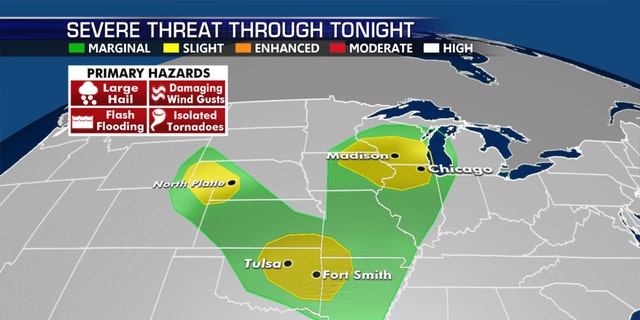 The areas that may see severe weather on Thursday.