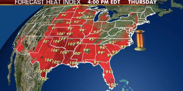 Dangerous heat is forecast on Thursday across much of the nation's midsection.