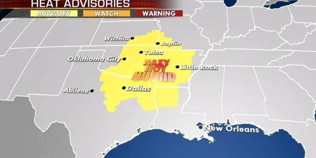Heat advisories stretch across the Central and Southern Plains on Thursday.