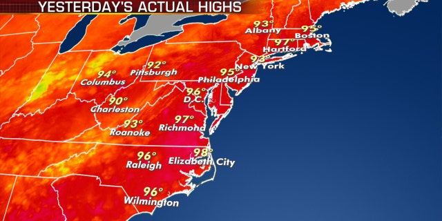 High temperatures on Monday across the East Coast as a heat wave bakes the region.