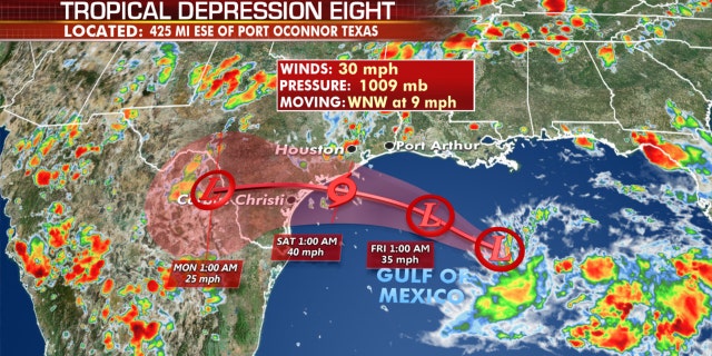 The forecast track of Tropical Depression 8, forecast to become Tropical Storm Hanna.