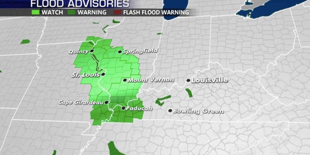Flood advisories stretch across the mid-Mississippi River valley on Tuesday.