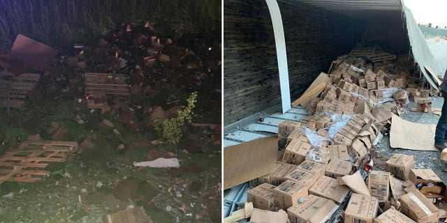 Broken bottles of whiskey lay across the highway and scattered into a nearby ditch.
