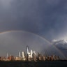 A double rainbow forms in the sky over lower Manhattan and One World Trade Center during weekend Pride celebrations in New York City, June 28, 2020 