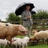 Britain's Prince Charles looks at a Gloucestershire Old Spot pig with her piglets during a visit to Cotswold Farm Park in Guiting Power, England, July 1, 2020. 
