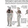 Graphic shows generic green military fatigues of federal agents in Portland, Ore.