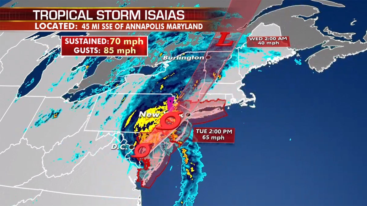 The forecast track of Tropical Storm Isaias.