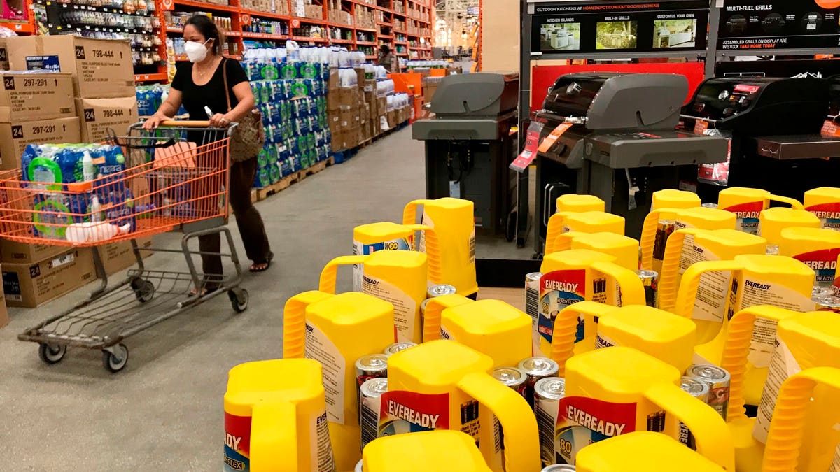 Home Depot aisles are stocked with hurricane supplies as Hurricane Isaias approaches South Florida on Friday, July 31, 2020 in Boynton Beach, Fla. Isaias is forecasted to stay east of the coast but it will bring winds and possible coasting flooding. (Amy Beth Bennett/South Florida Sun-Sentinel via AP)