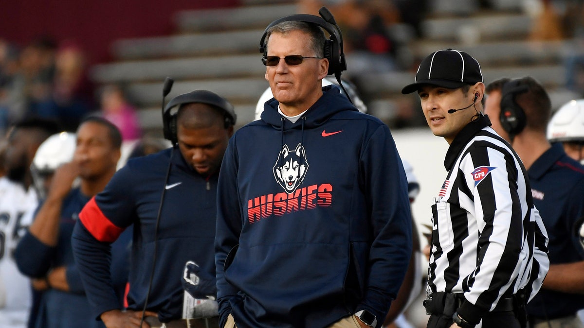 FILE - In this Oct. 26, 2019, file photo, Connecticut head coach Randy Edsall during the first half of an NCAA college football game in Amherst, Mass. UConn has canceled its 2020-2021 football season, becoming the first FBS program to suspend football because of the coronavirus pandemic. (AP Photo/Jessica Hill, File)