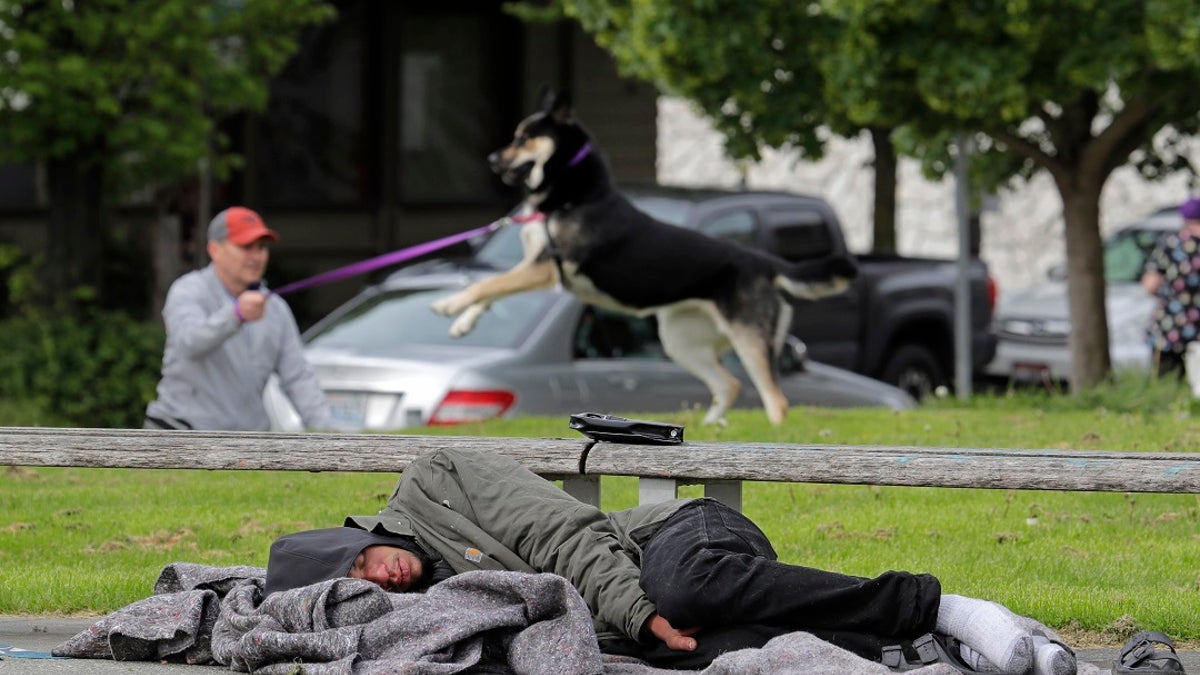 A man sleeps as a dog is walked behind him at Ballard Commons Park in Seattle. (AP Photo/Ted S. Warren, File)