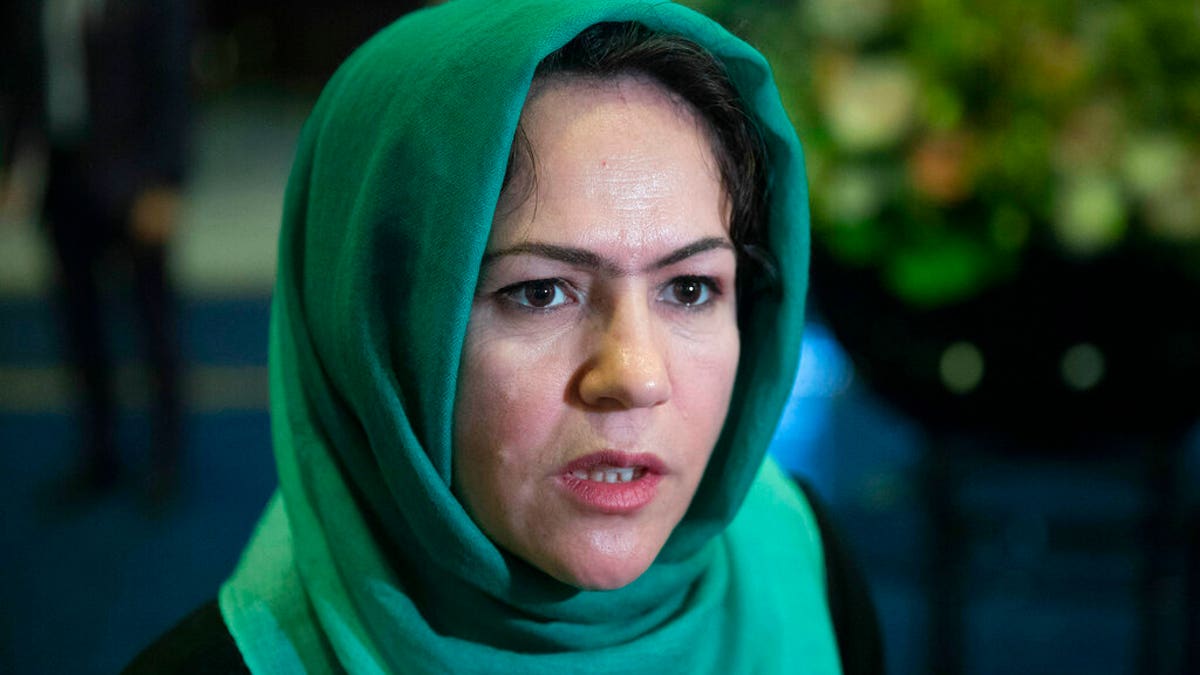 Afghan politician Fawzia Koofi speaks to media before the "intra-Afghan" talks in Moscow, Russia, in 2019. (AP Photo/Pavel Golovkin)