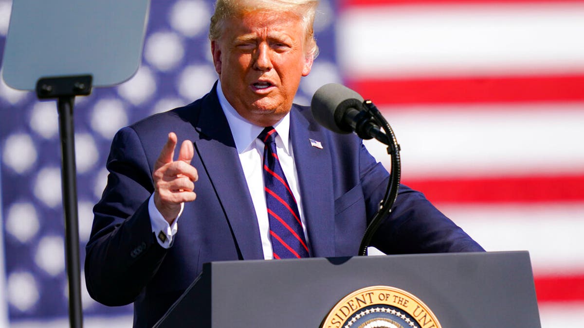President Donald Trump speaks during a campaign rally at Mariotti Building Products, Thursday, Aug. 20, 2020, in Old Forge, Pa.
