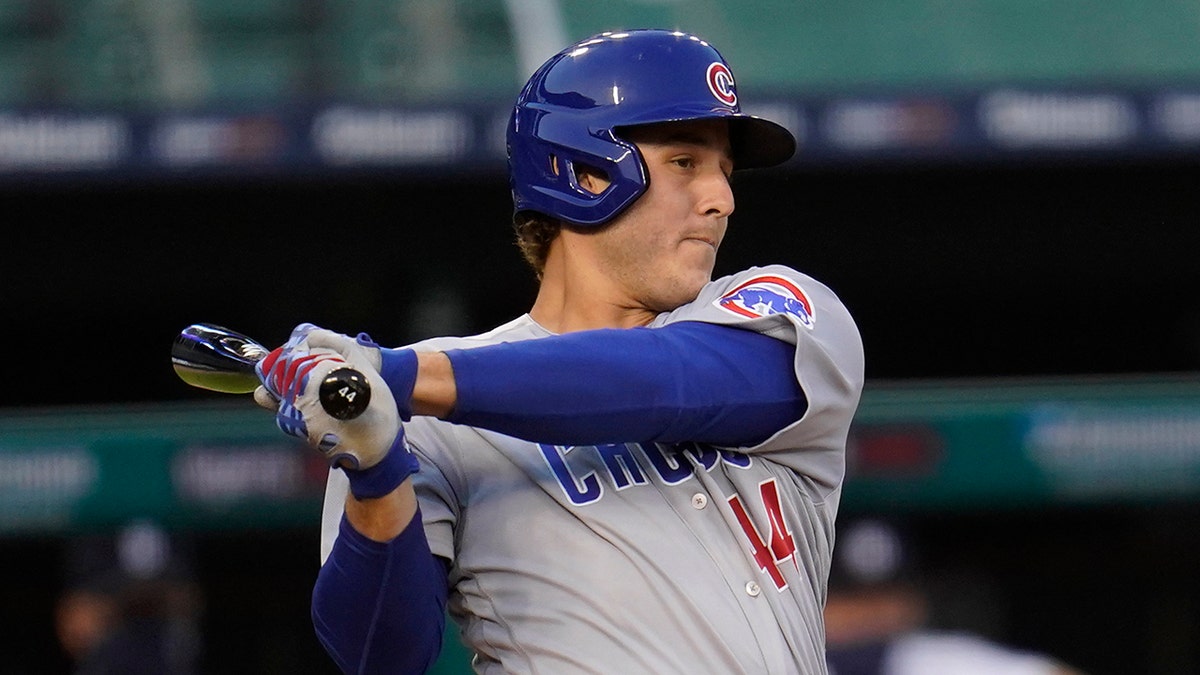 The Chicago Cubs' Anthony Rizzo hits a one-run single in the third inning of a baseball game against the Detroit Tigers in Detroit, Wednesday, Aug. 26, 2020. (AP Photo/Paul Sancya)