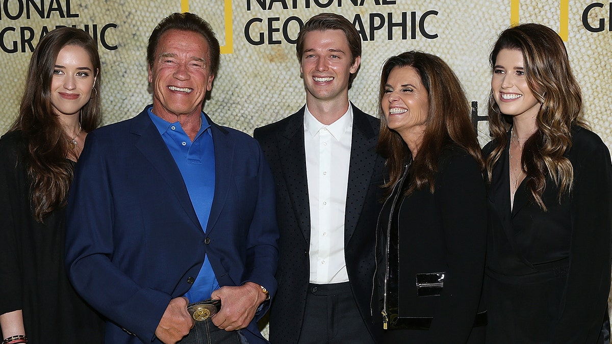 (L-R) Christina Schwarzenegger, Arnold Schwarzenegger, Patrick Schwarzenegger, Maria Shriver and Katherine Schwarzenegger attend the premiere of National Geographic's 'The Long Road Home' at Royce Hall on October 30, 2017 in Los Angeles, California.?