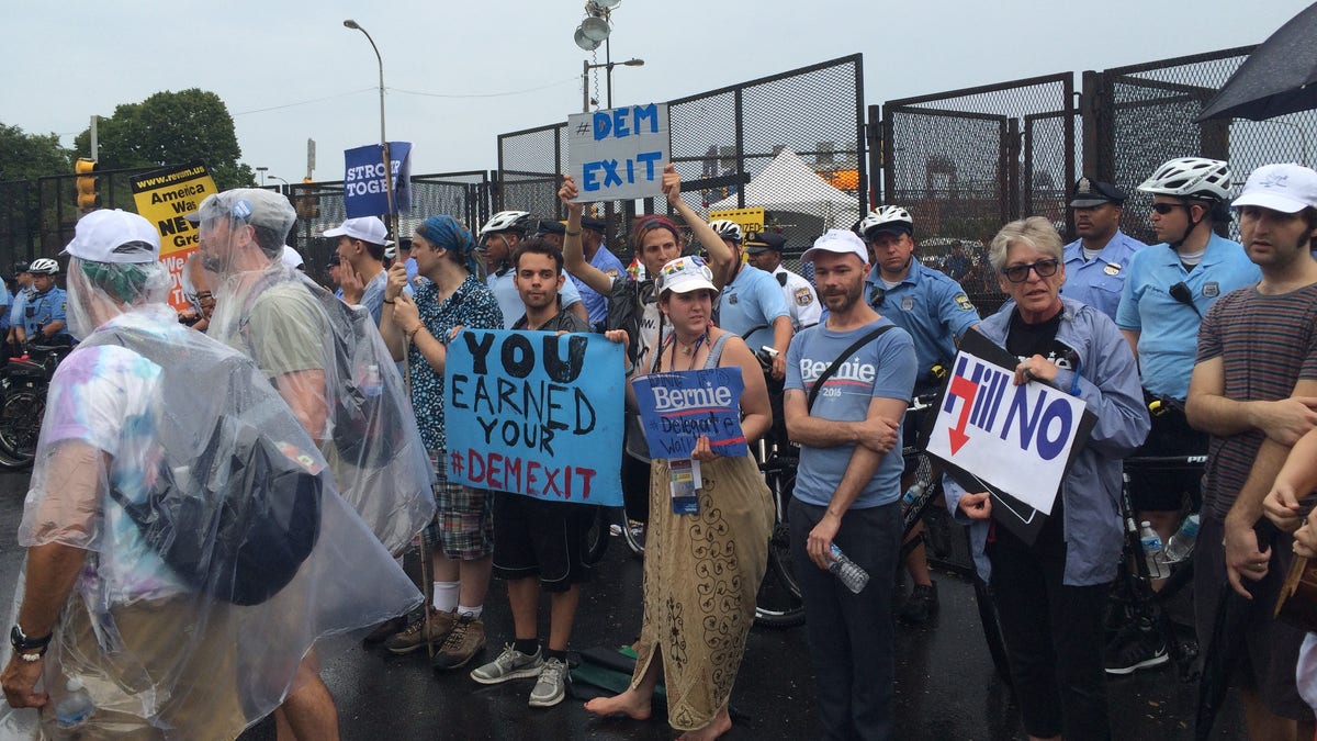 In this 2016 file photo, Bernie Sanders supporters are seen protesting outside the Democrats' convention in Philadelphia. (FNC)