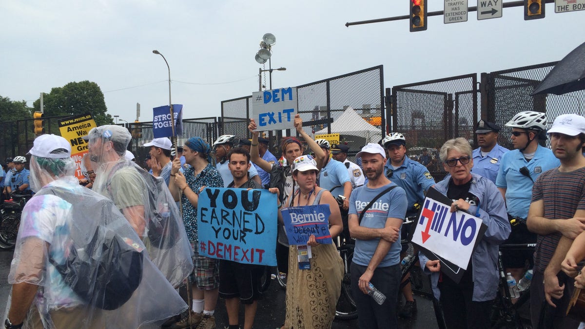 In this 2016 file photo, Bernie Sanders supporters are seen protesting outside the Democrats' convention in Philadelphia. (FNC)