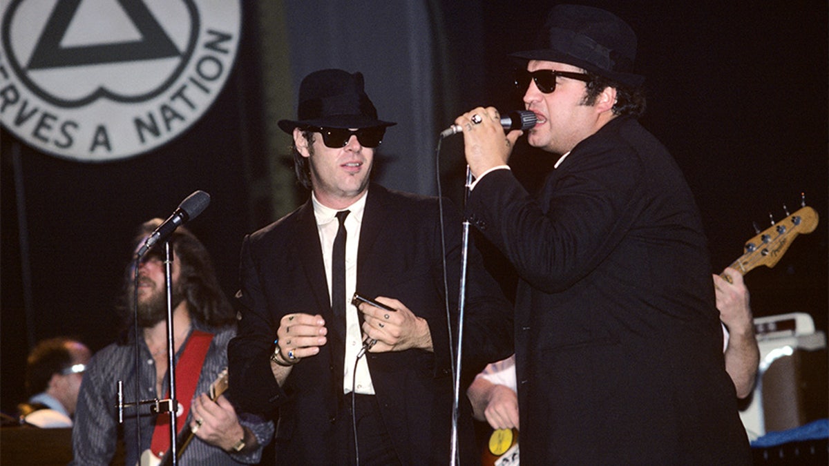 Dan Aykroyd and John Belushi performing with The Blues Brothers at the Palladium in New York City on June 1, 1980.