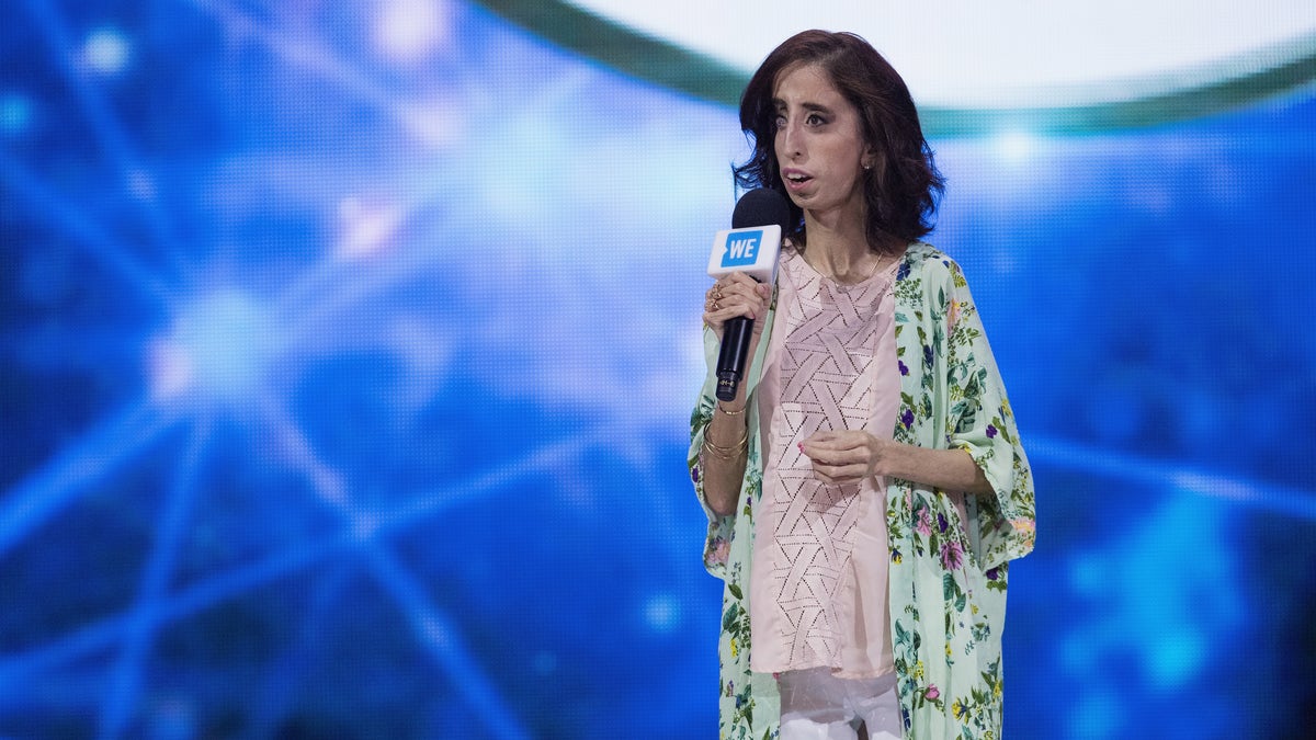 Lizzie Velasquez speaks on stage during WE Day at KeyArena in May 2018 in Seattle, Wash. (Mat Hayward/Getty Images)