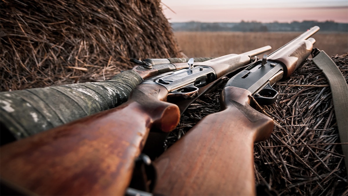 Hunting shotguns on haystack during sunrise in expectation of hunt