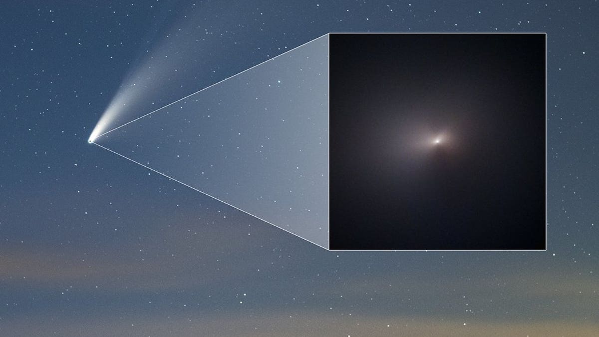 This ground-based image of comet C/2020 F3 (NEOWISE) was taken from the northern hemisphere on July 18, 2020. The inset image, taken by the Hubble Space Telescope on Aug. 8, 2020, reveals a close-up of the comet after it passed by the sun. Hubble's image is centered on the comet's nucleus, which is too small to be seen, as it is estimated to measure no more than 3 miles (4.8 kilometers) across. Instead, the image shows a portion of the comet's coma, the fuzzy glow, which measures about 11,000 miles (18,000 kilometers) across in this image. Comet NEOWISE will not pass through the inner solar system for another nearly 7,000 years. (NASA, ESA, Q. Zhang (Caltech), A. Pagan (STScI), and Z. Levay)