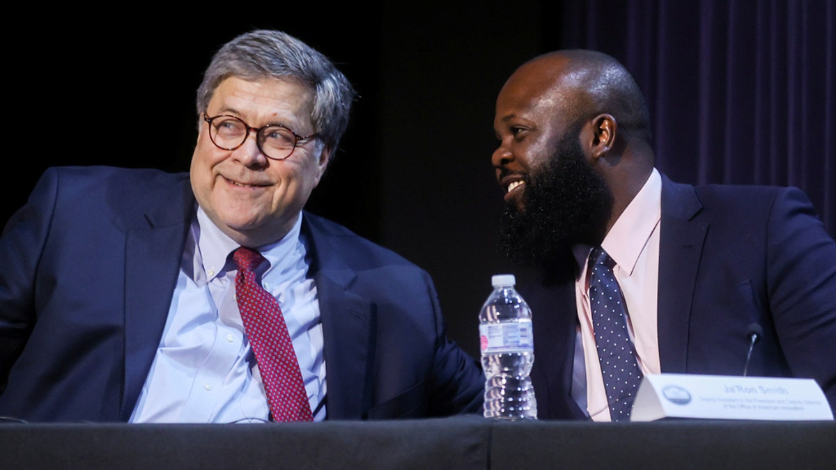 U.S. Attorney General Bill Barr speaks with Ja'Ron Smith as President Trump holds a roundtable discussion at Gateway Church Dallas Campus in Dallas, June 11, 2020. (REUTERS/Jonathan Ernst)