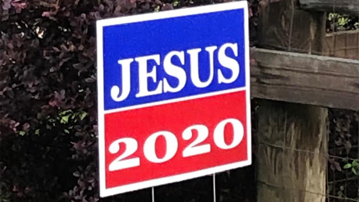 A Jesus 2020 yard sign from a campaign started by Joyce Hubbard and her friend Martha Sikes at Sampey Memorial Baptist Church in Ramer, Alabama.