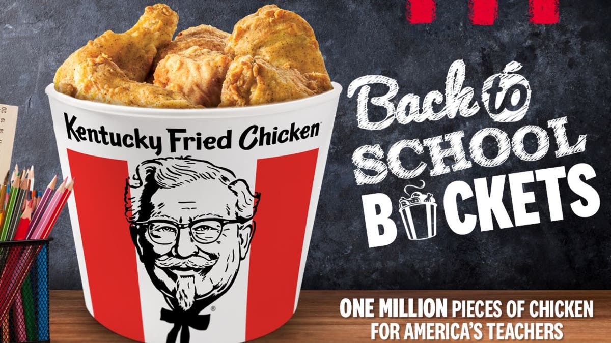 To nominate a teacher for a gift card for a bucket of chicken, anyone can post on Twitter or Instagram starting on Aug. 20 using the hashtags #KFCback2school and #sweepstakes. Nominations will be open through Sept. 1. (KFC)