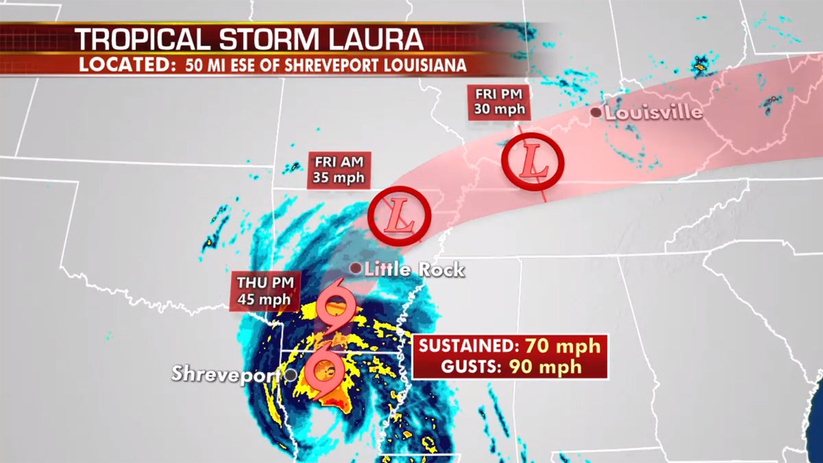 The forecast track of Tropical Storm Laura.