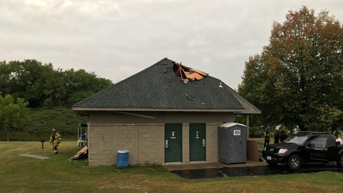 Damage to a park shelter after a lightning strike on Saturday in Lakeville, Minn.