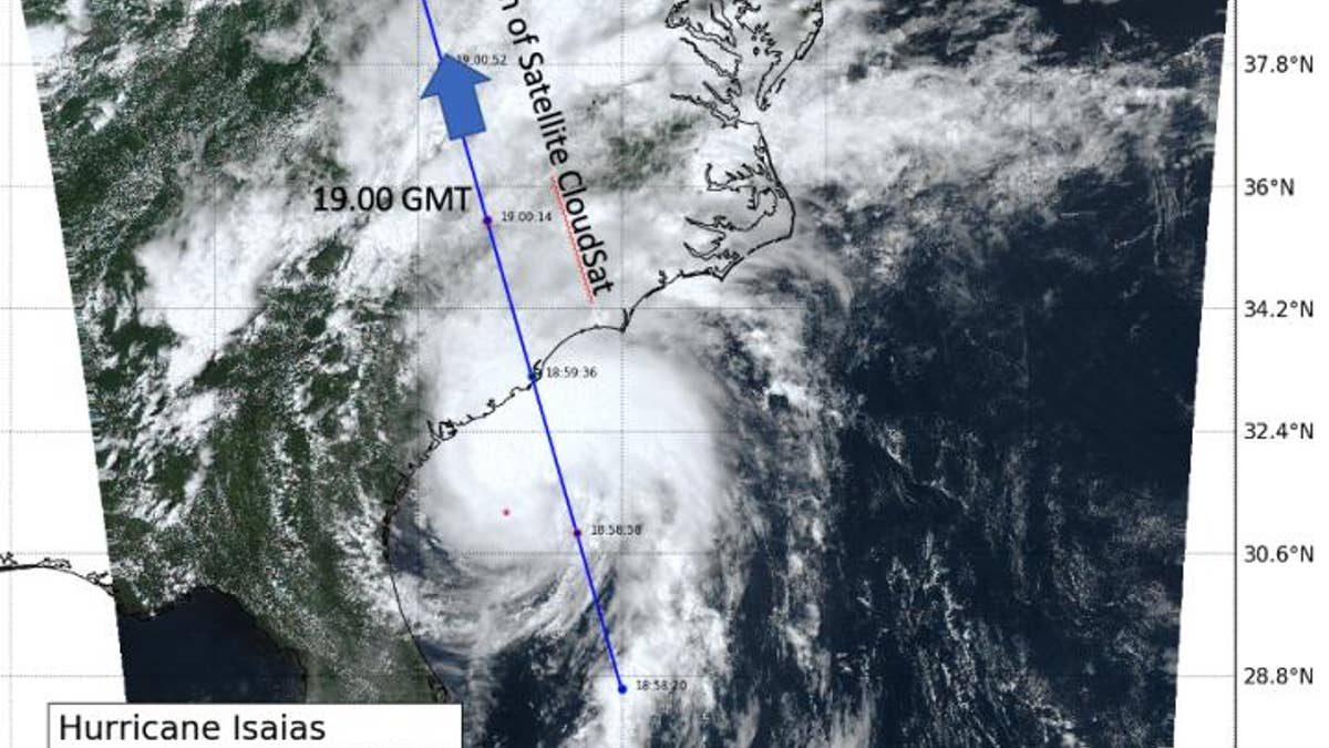 This visible image of Tropical Storm Isaias was taken from NOAA's GOES-East satellite on Aug. 3 at 3.p.m. EDT shows the path that CloudSat observed the storm.